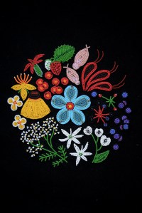 artwork of colourful beaded flowers, leaves and fruit on a black backgorund