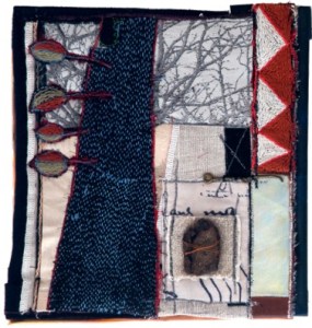 tree artwork created with textiles, fibres and stitching