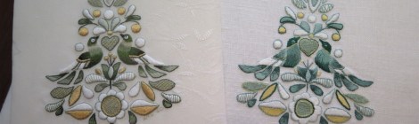 two embroidered christmas trees