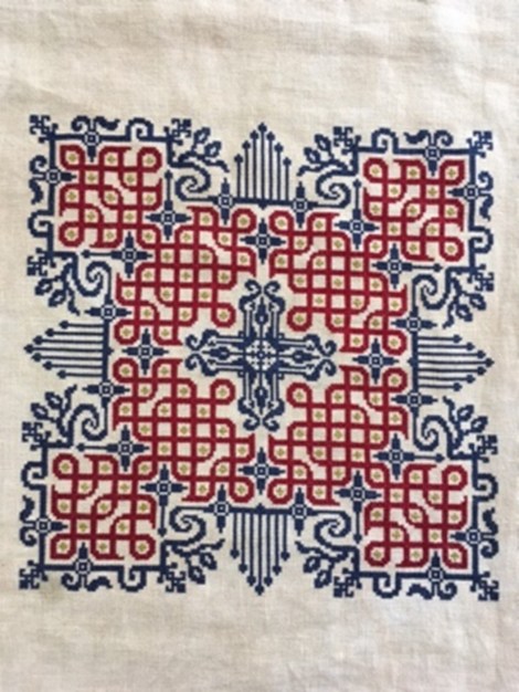 embroidery in blue and red