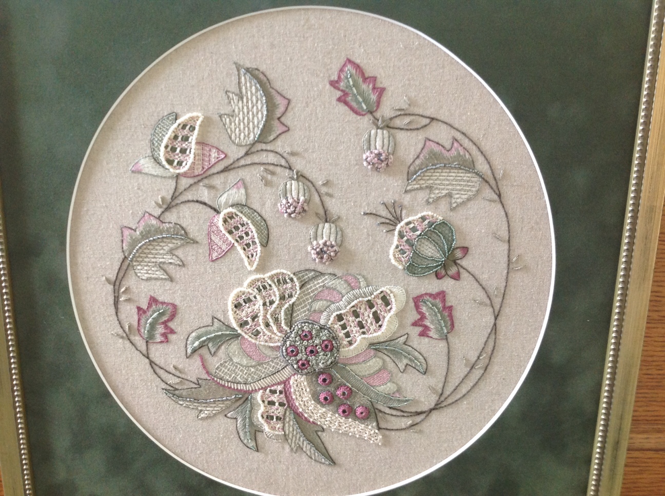 muted colour Jacobean embroidery