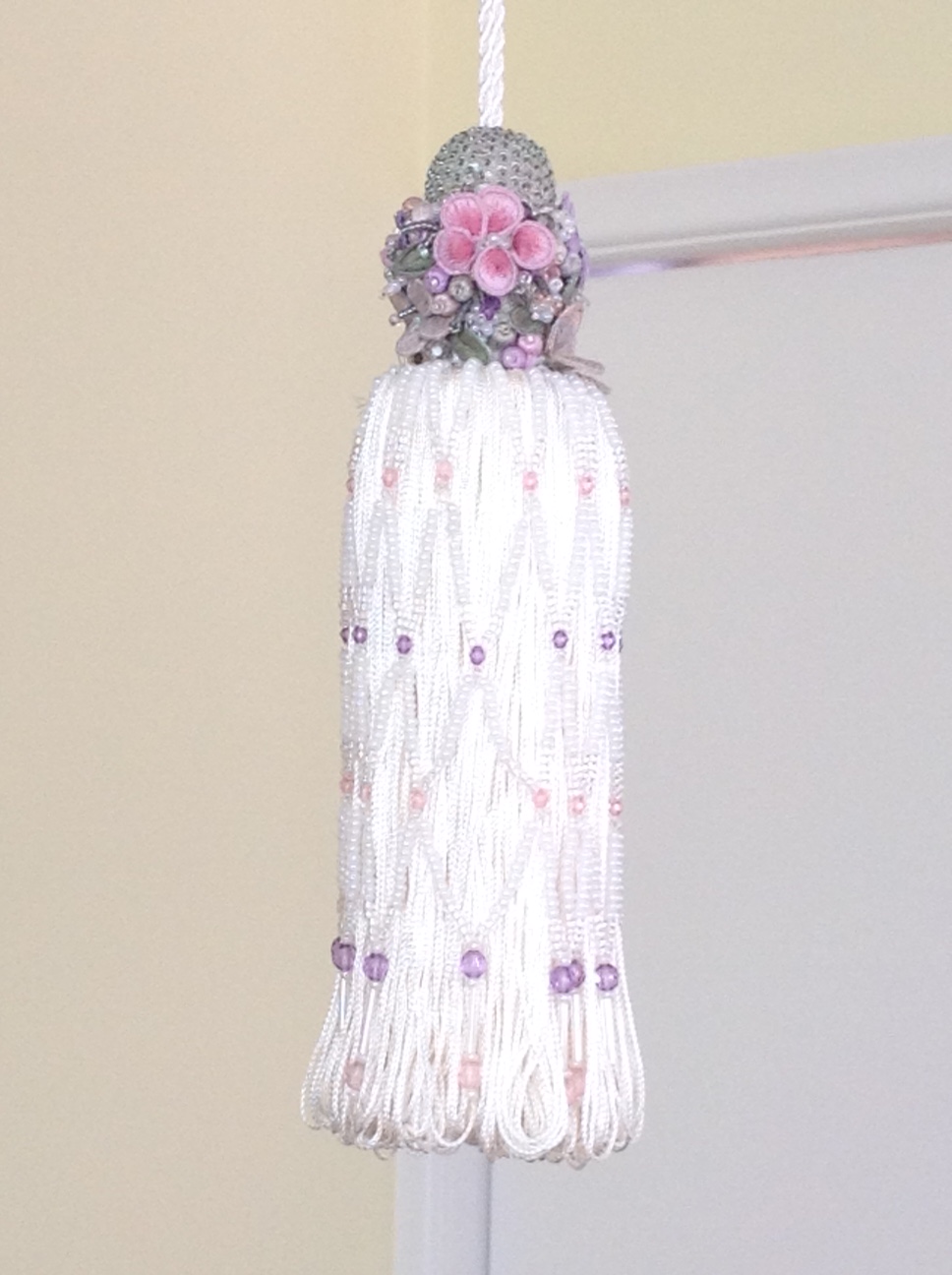 elaborate tassel with beads and stumpwork flowers