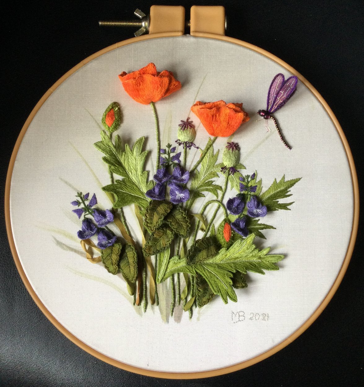 stumpwork embroidery of flowers with dragonfly
