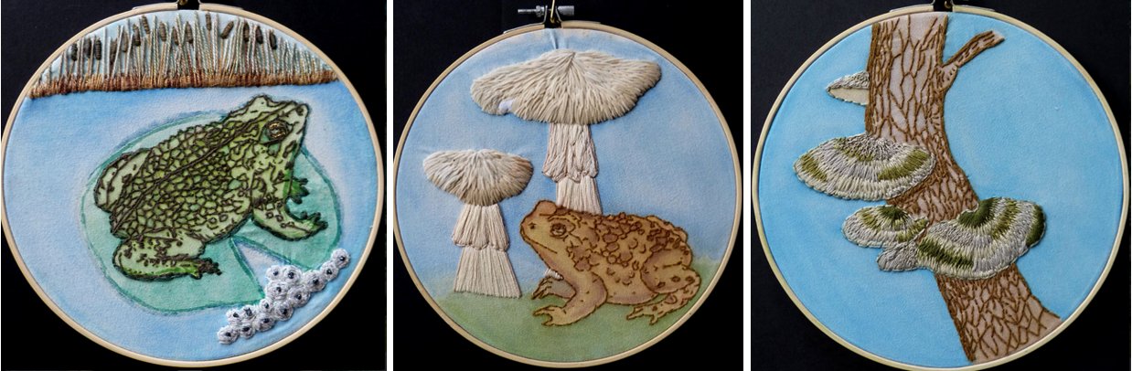 3 embroidered images in circular frames