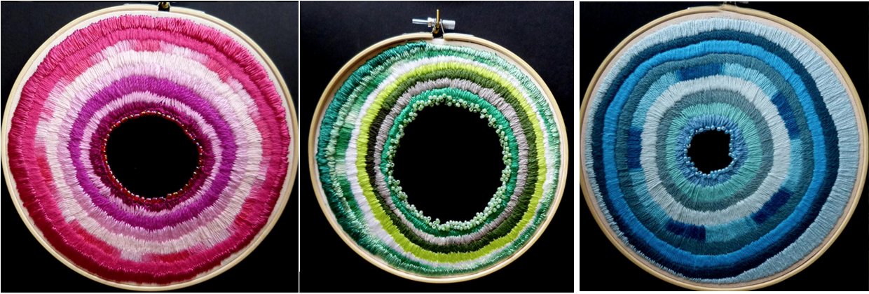 3 colourful images of embroidered geodes