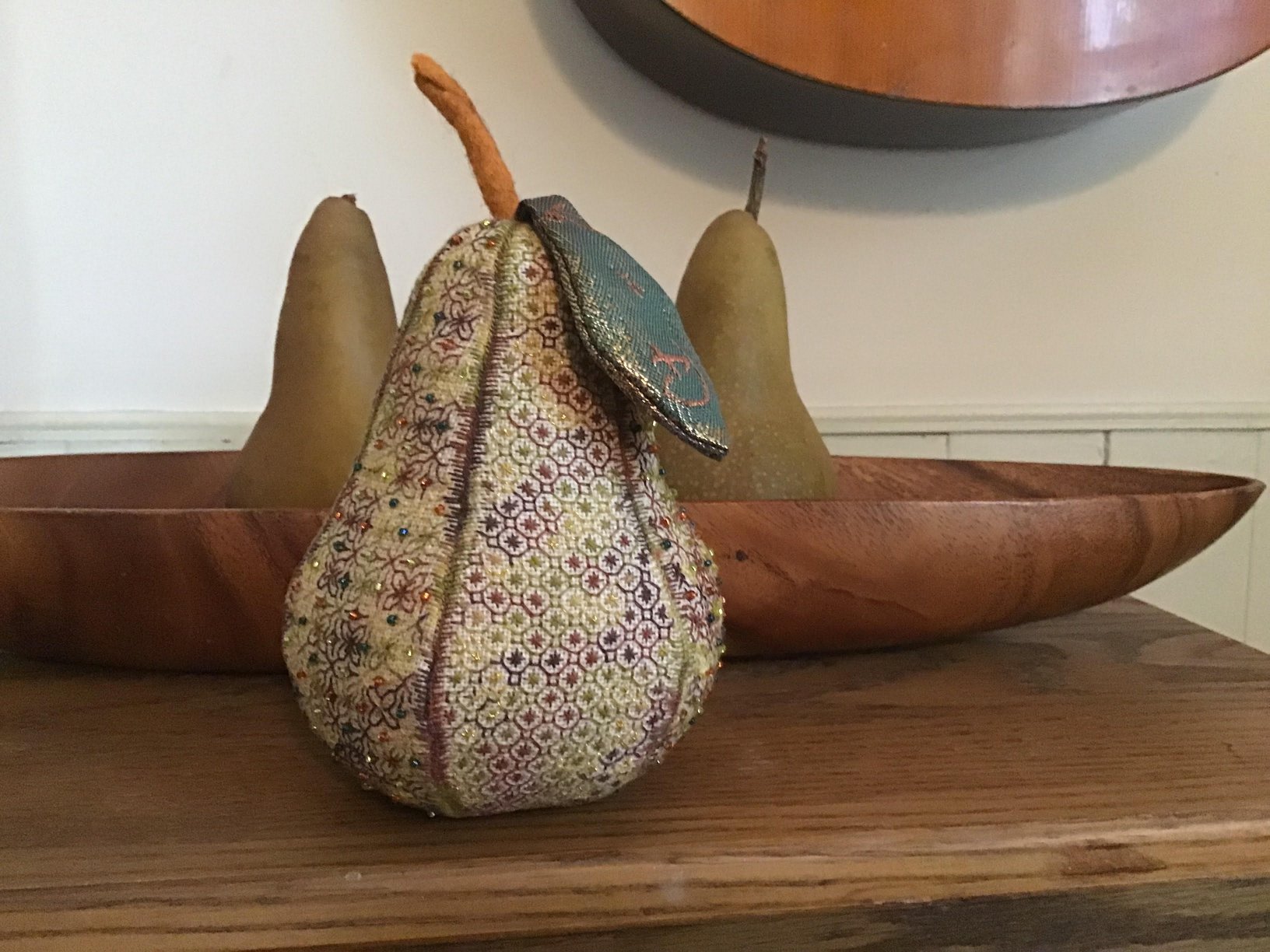 3 dimensional pear made of embroidered elements