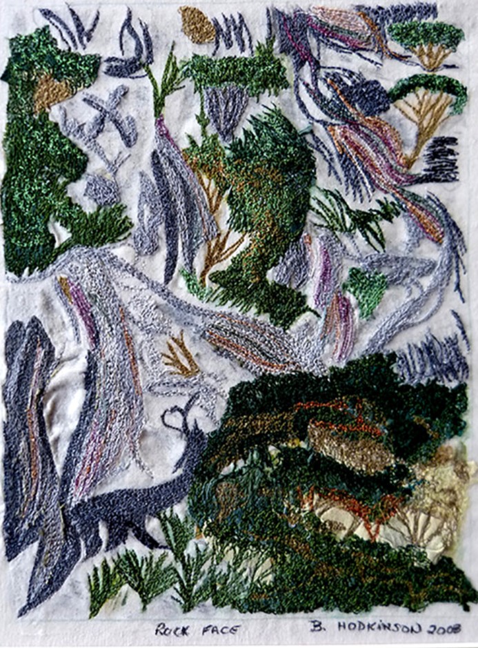 impressionist rock face in greys and greens