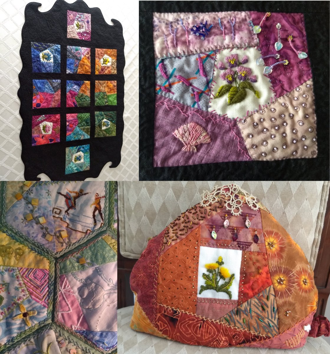 4 samples of crazy quilting using some vintage embroideries