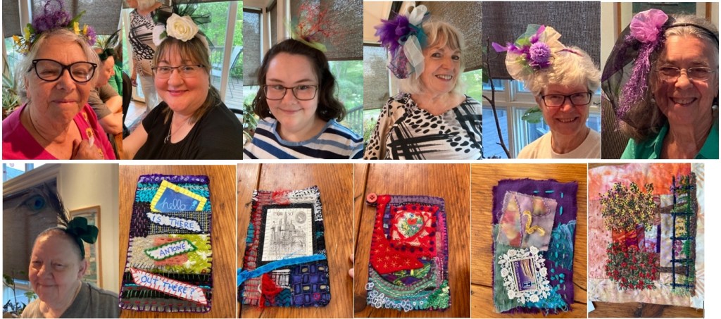 12 images - fabric art fascinators and collaged fabric art pieces