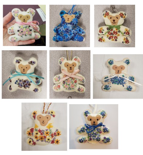 8 individual photos of tiny Teddy Bears embroidered with flowers