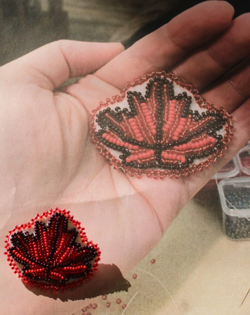 red maple leaves done in bead embroidery