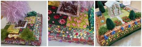 three images of two embroidered gardens each finished as a cushion