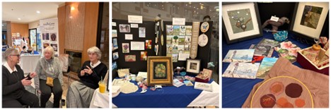 3 images: 3 women sitting together; a table with a display of embroideries; a close-up of a table with a display of embroideries