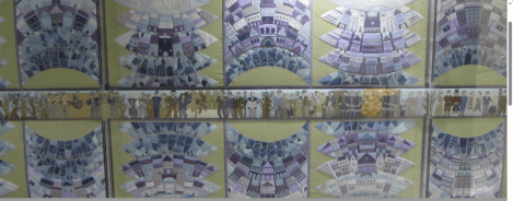 large embroidered panel in blues and purples featuring Toronto buildings