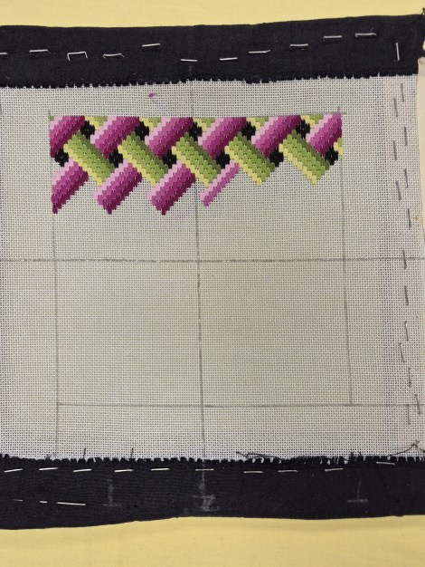 Bargello stitching on linen in pinks and greens - work in progress